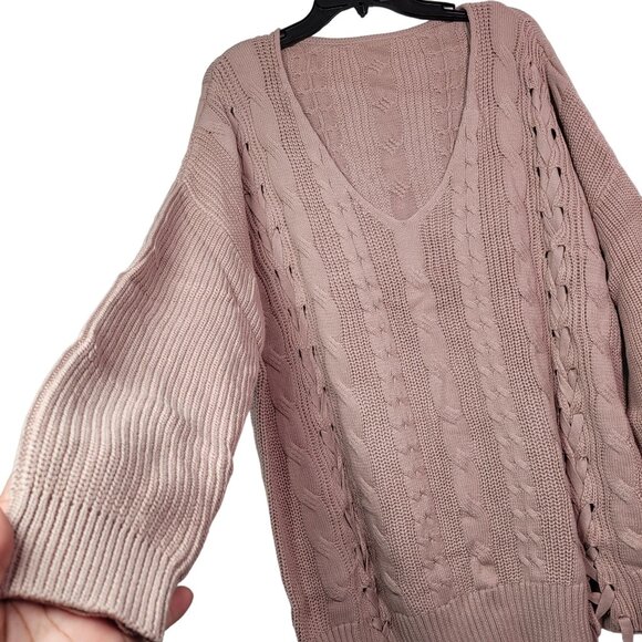 Cable-Knit Lace-Up Tunic Sweater V-Neck Long Sleeve Oversized Fit Pink X-Large - Picture 3 of 11